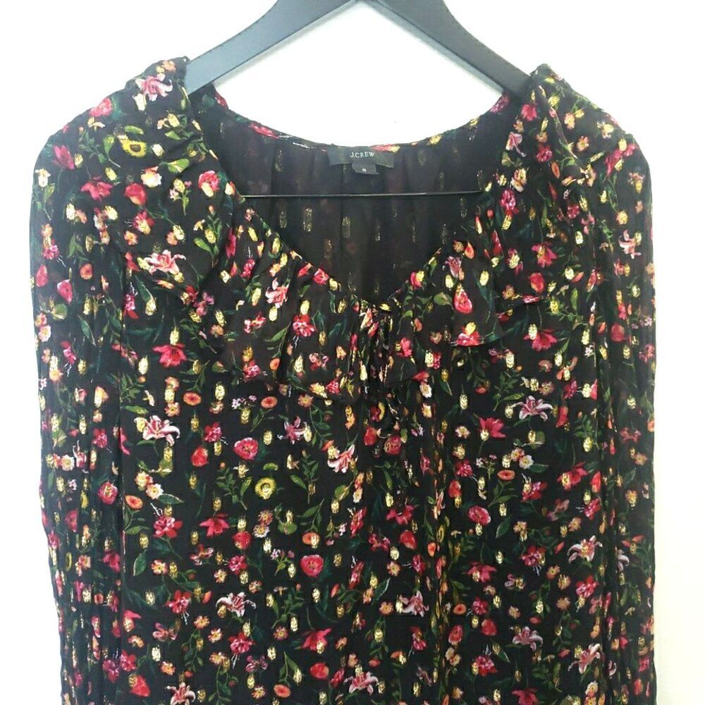 J. Crews Women's Size S Long Sleeve Floral Gold Metallic V-Neck Blouse
